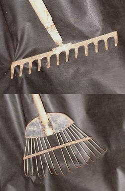 picture of draw rake (top) and scarifying rake (bottom)